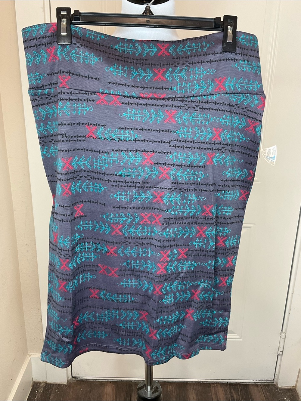 LuLaRoe Cassie Pencil Skirt in Grey with Teal and Pink Aztec Print XL